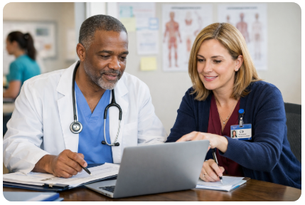 Two healthcare professionals reviewing information together